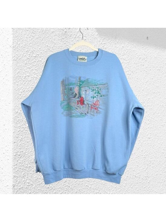 Vintage Tops - 90s Cabin Sweatshirt by Northern Reflections Cabin Scenery Light Blue Size XL